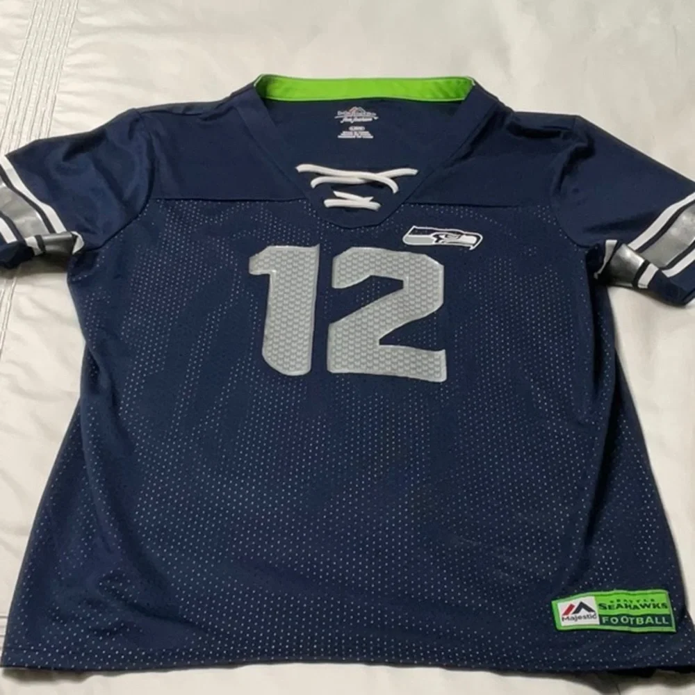 Seahawks Majestic Navy and Silver Women’s Jersey - Picture 4 of 5